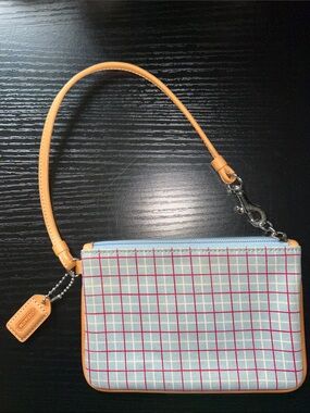 Coach Plaid Wristlet in Light Blue, Red & Tan